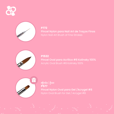 Imagem de três pincéis para unha sobre fundo rosa com descrições técnicas