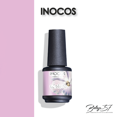 Frasco de verniz gel INOCOS cor violeta com rótulo floral e tampa preta