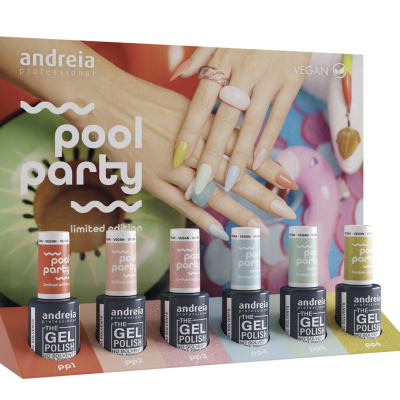 Expositor com seis vernizes gel Andreia Professional 'pool party' em diferentes cores