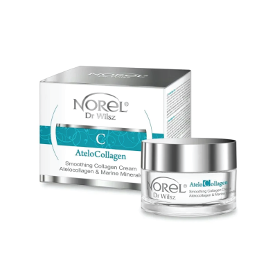 Frasco de creme AteloCollagen Norel Dr Wilsz ao lado da embalagem