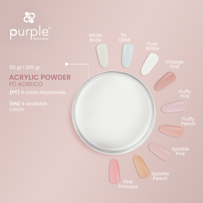 Pó acrílico para unhas Purple Professional com cores variadas em fundo rosa