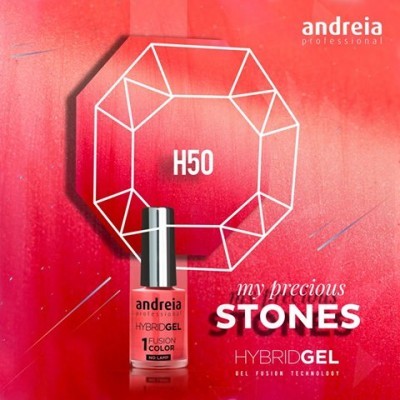 Frasco de verniz de unhas rosa Andréia Hybrid Gel com design geométrico no fundo