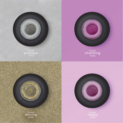 Quatro frascos de verniz para unhas em cores diferentes com nomes e códigos