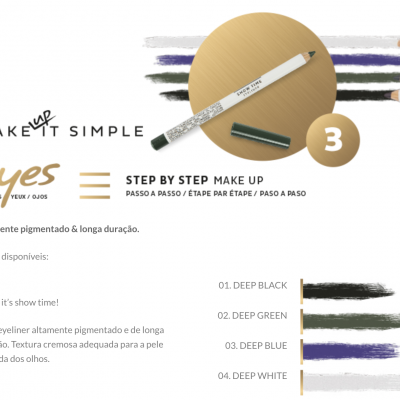 Lápis eyeliner MAKE UP para olhos em quatro cores diferentes, mostrando o produto e nomes das cores.