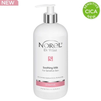 Frasco branco com doseador prateado de leite calmante para pele sensível Norel Dr Wilsz
