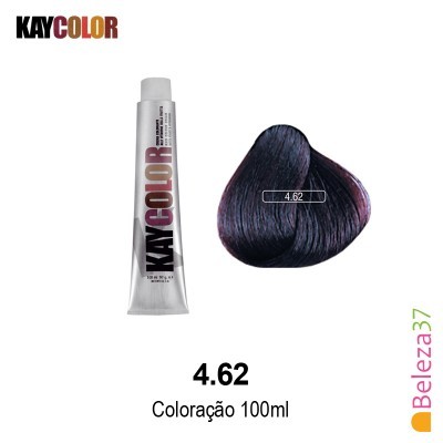Tubo de coloração KayColor 4.62 e amostra de cabelo castanho escuro com reflexos vermelhos