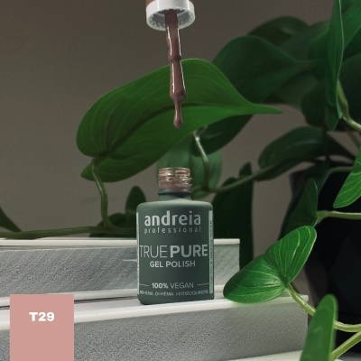 Verniz gel Andréia True Pure cor T29 com pincel e folhas verdes