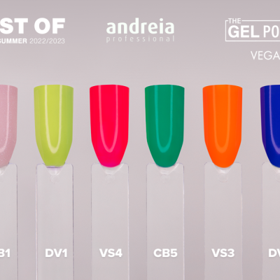 Seis amostras coloridas de verniz gel para unhas com códigos visíveis e logos da marca e colecção