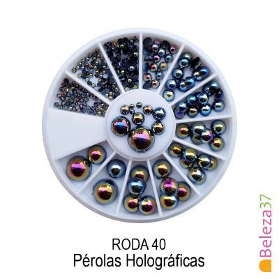Roda branca com pérolas holográficas coloridas em várias divisórias