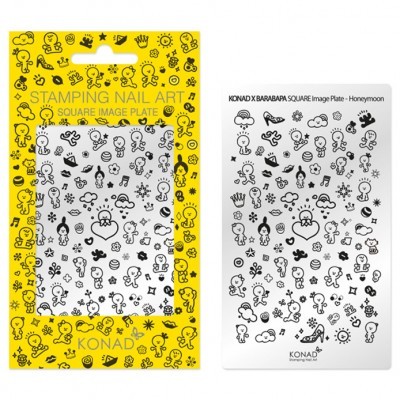 Placa quadrada para carimbo de unhas KONAD x BARBAPAPA com imagens diversas e embalagem amarela.
