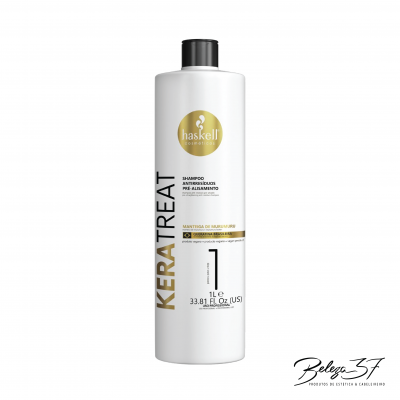 Frasco branco de shampoo Haskell KeraTreat com tampa preta e rótulo texto preto e dourado