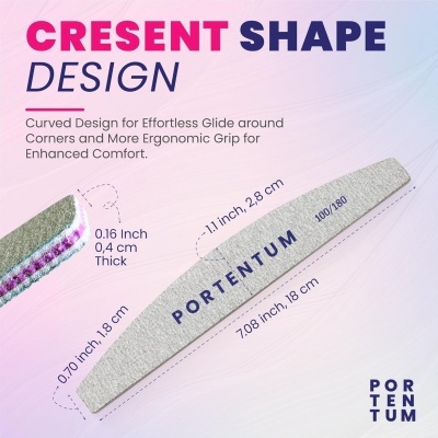 Lima para unhas em formato curvo com marca PORTENTUM e medidas destacadas