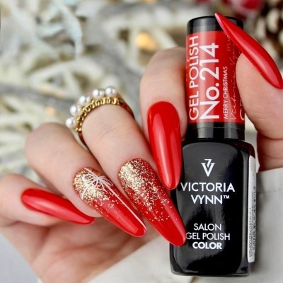 Unhas vermelhas e douradas com verniz gel Victoria Vynn Nº 214