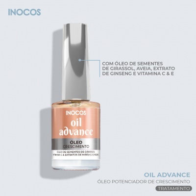 Frasco de óleo para unhas INOCOS oil advance com tampa prateada e texto visível sobre ingredientes