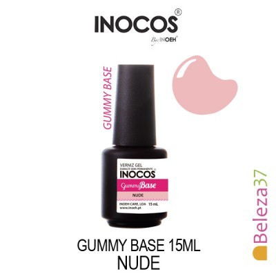 Frasco de verniz gel INOCOS Gummy Base 15ml Nude com tampa preta e rótulo branco e rosa