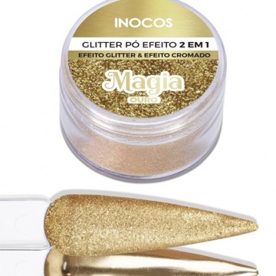 Pó de glitter dourado 2 em 1 INOCOS com rótulo e amostras em unhas artificiais