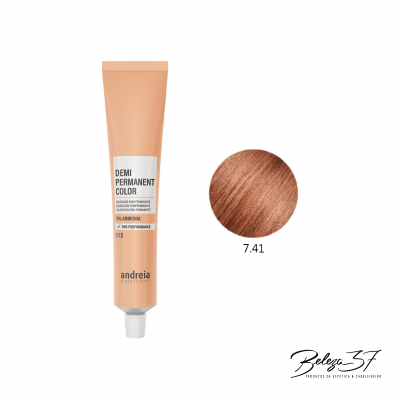 Tubo de coloração capilar bege e amostra de cor castanho-avermelhado