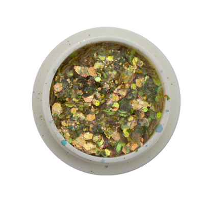 Recipiente branco com glitter dourado e reflexos coloridos