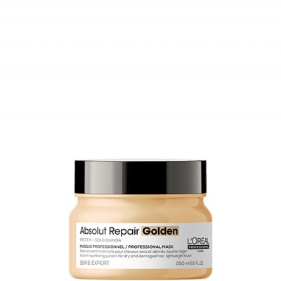 Frasco de máscara capilar Absolut Repair Golden L'Oréal de 250 ml com tampa preta