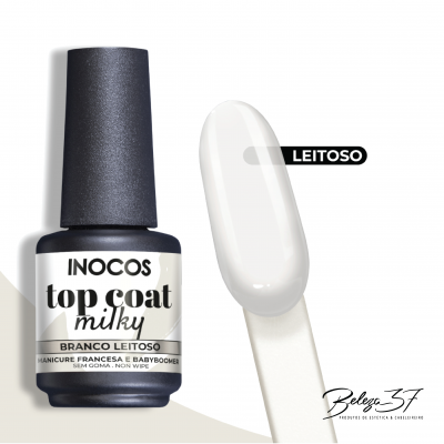 Frasco de verniz top coat milky INOCOS branco leitoso com amostra da cor