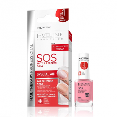 Produto Eveline Cosmetics SOS para unhas partidas em embalagem branca e vermelha com frasco translúcido