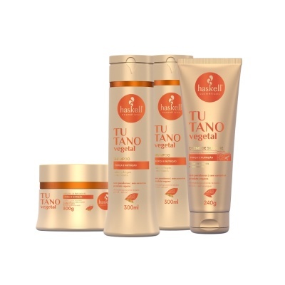 Conjunto de produtos Haskell Tutano Vegetal em frascos e tubo bege e laranja