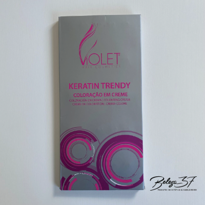 Embalagem prata de coloração de cabelo VIOLET KERATIN TRENDY em creme com texto rosa e cinza