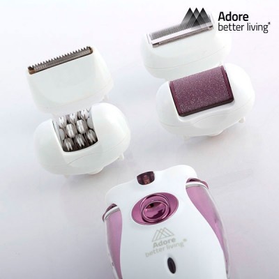 Depiladora elétrica branca e rosa com três acessórios e texto Adore better living