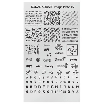 Placa para carimbos de unhas KONAD com desenhos e textos em preto