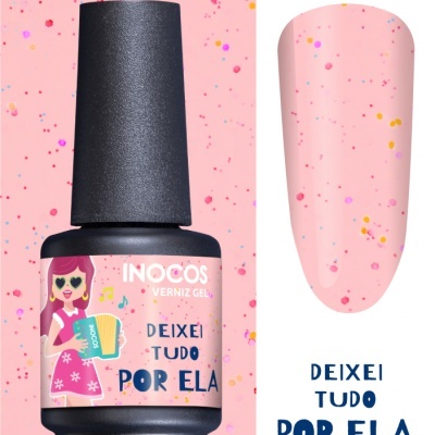 Verniz gel rosa com partículas coloridas da marca Inocos e texto 'Deixei tudo por ela'