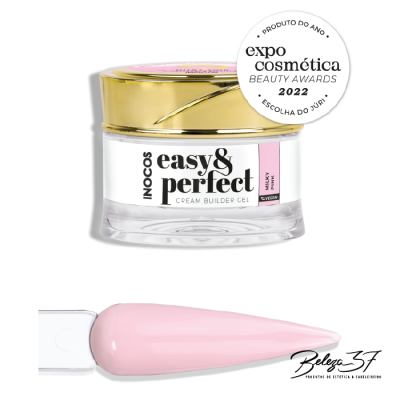 Frasco de gel para unhas easy & perfect Milky Pink da Inocos com tampa dourada e amostra da cor rosa