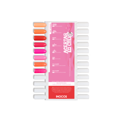 Mostruário de verniz gel colorido da marca INOCOS com várias tonalidades