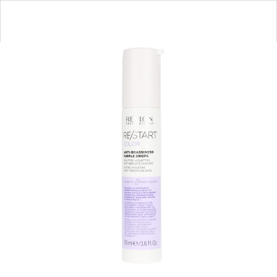 Frasco branco de produto Revlon RE/START COLOR Anti-Brassiness Purple Drops