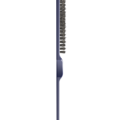 Escova de cabelo azul escuro com cerdas cinzentas vista de perfil