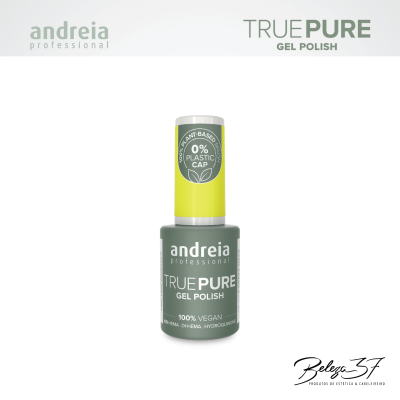 Frasco de verniz gel para unhas Andreia TRUEPURE com tampa amarela e rótulo cinza