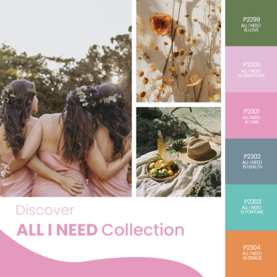 Colagem com três fotos de flores, mulheres de vestido rosa e chapéu com frutas, e paleta de cores com nomes e códigos.