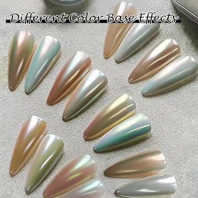Unhas postiços iridescentes em várias cores base diferentes sobre superfície branca