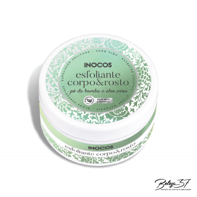 Frasco de creme esfoliante Inocos para corpo e rosto com rótulo verde e branco
