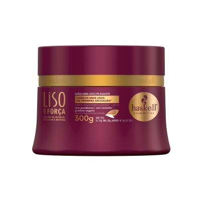 Embalagem bordô de máscara para cabelo LISO & FORÇA da Haskell Cosméticos