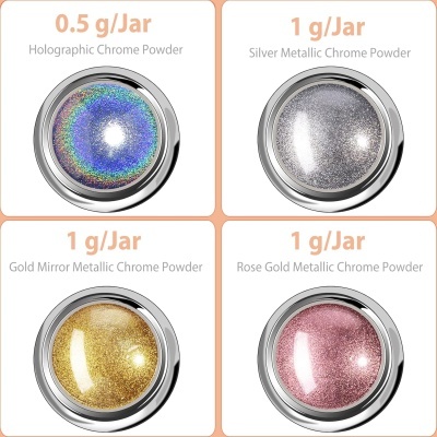 Quatro pequenos frascos de pó cromado em diferentes cores e pesos