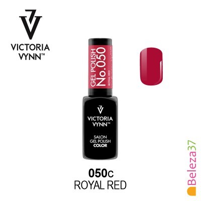 Verniz gel Victoria Vynn Royal Red No. 050c em frasco preto com tampa vermelha e amostra da cor