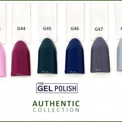 Amostras de verniz gel para unhas em seis cores variadas com códigos e identificação da coleção e marca