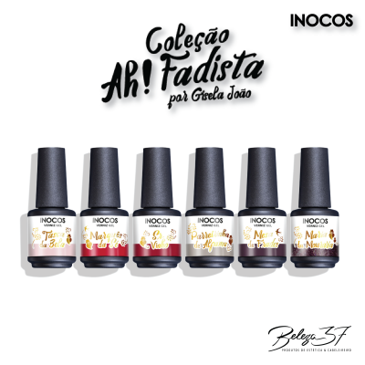 Seis frascos de verniz de unhas INOCOS coleção AH! Fadista com tampa preta e rótulos brancos