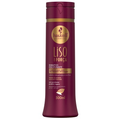 Frasco de shampoo vinho com texto dourado e branco