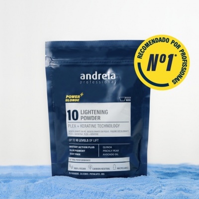 Pacote azul escuro de descolorante em pó Andreia Professional Lightening Powder nº10 com selo de recomendação Nº1