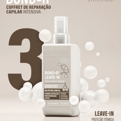 Frasco branco de spray BOND=R³ LEAVE-IN da marca Andreia Professional para reparação capilar