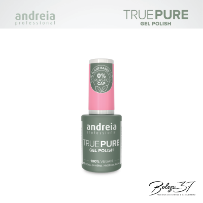 Frasco de verniz gel Andreia True Pure verde com tampa rosa e texto branco sobre fundo branco.