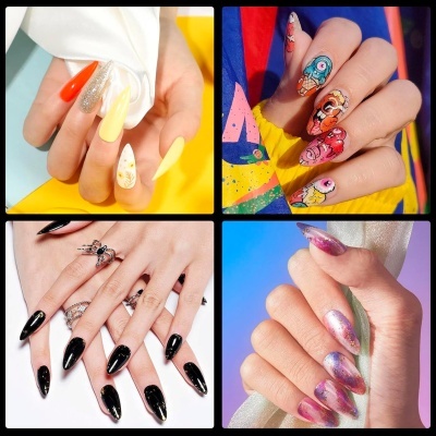 Quatro estilos diferentes de unhas decoradas em mãos femininas
