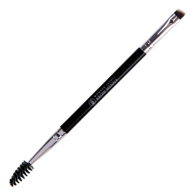 Pincel duplo para sobrancelhas preto com escova em espiral e pincel angular.