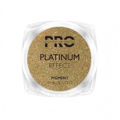 Pigmento cosmético dourado em embalagem plástica transparente com rótulo preto